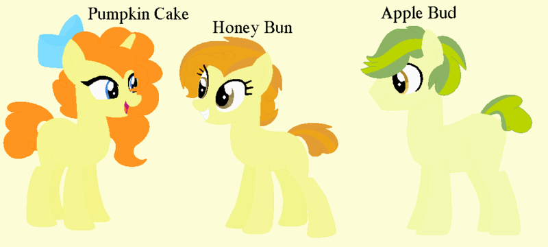 Size: 1014x456 | Tagged: safe, artist:alyssadawnmyers, artist:selenaede, derpibooru import, apple bud, pumpkin cake, oc, oc:honey bun, earth pony, pony, unicorn, g4, base used, budbetes, cute, female, horn, image, male, mare, ocbetes, offspring, older, older apple bud, older pumpkin cake, parent:apple bud, parent:pumpkin cake, parents:pumpkinbud, png, pumpkinbetes, ship:pumpkinbud, shipping, simple background, stallion, straight, trio