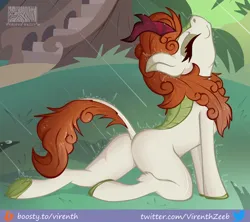 Size: 1000x887 | Tagged: safe, alternate version, artist:virenth, derpibooru import, autumn blaze, kirin, g4, butt, eyes closed, female, image, kneeling, leg fluff, plot, png, rain, raised tail, solo, stretching, tail, underhoof