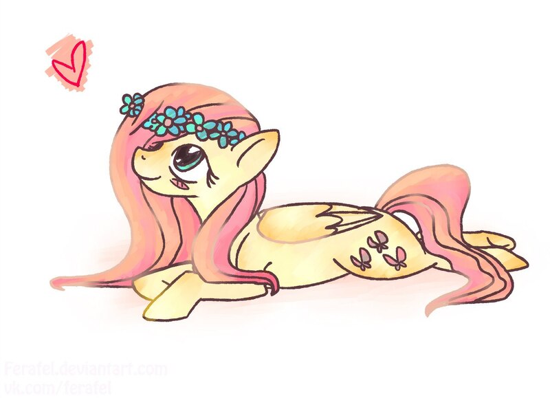 Size: 1280x926 | Tagged: safe, artist:ferafel, derpibooru import, fluttershy, pegasus, pony, g4, 2014, female, floral head wreath, flower, heart, image, jpeg, lying down, mare, prone, simple background, smiling, solo, white background