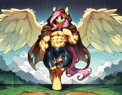 Size: 1024x800 | Tagged: safe, ai content, derpibooru import, machine learning generated, prompter:enterusxrname, stable diffusion, fluttershy, pegasus, pony, semi-anthro, g4, abs, belly button, bipedal, cloak, clothes, cloud, cloudy, female, generator:purplesmart.ai, ground, hood, image, jpeg, mountain, muscles, muscular female, outdoors, overdeveloped muscles, rain, skirt, sky, solo, spread wings, torn clothes, tree, walking, wings