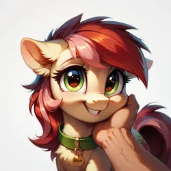 Size: 1024x1024 | Tagged: safe, ai content, derpibooru import, machine learning assisted, machine learning generated, prompter:doom9454, stable diffusion, roseluck, human, pony, g4, behaving like a cat, bust, collar, cute, fluffy, generator:pony diffusion v6 xl, hand, image, jpeg, looking at you, offscreen character, offscreen human, pet tag, petting, pony pet, portrait, rosepet