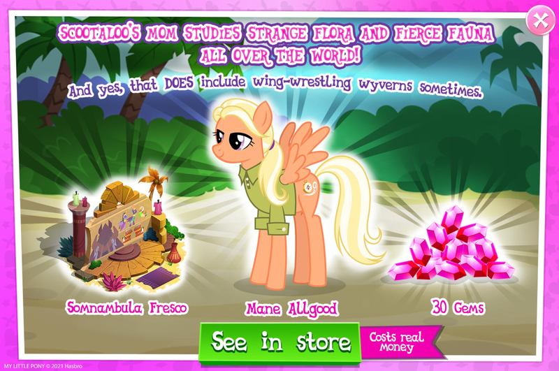 Size: 1954x1298 | Tagged: safe, derpibooru import, official, mane allgood, pegasus, pony, g4, advertisement, clothes, costs real money, english, female, gameloft, gem, image, introduction card, jpeg, long legs, mare, mobile game, my little pony: magic princess, numbers, ponytail, shirt, solo, spread wings, text, wings