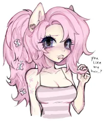 Size: 1744x2048 | Tagged: safe, artist:plushvamp, derpibooru import, fluttershy, anthro, g4, alternate hairstyle, ambiguous facial structure, breasts, cleavage, ear piercing, female, hair accessory, image, jpeg, lip piercing, piercing, playing with hair, ponytail, simple background, snake bites, solo, white background