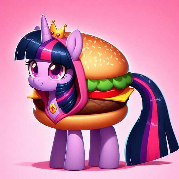 Size: 1024x1024 | Tagged: safe, ai content, derpibooru import, machine learning generated, prompter:doomguy397, twilight sparkle, pony, g4, ambiguous race, burger, burger costume, clothes, costume, crown, food, food costume, generator:dall-e 3, hoodie, image, jewelry, jpeg, literal, ponies in food, regalia, solo, that pony sure does love burgers, twilight burgkle