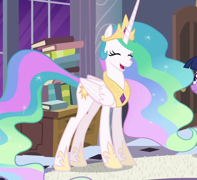 Size: 1181x1080 | Tagged: safe, derpibooru import, screencap, princess celestia, g4, princess twilight sparkle (episode), book, concave belly, cropped, crown, cute, cutelestia, ethereal mane, ethereal tail, folded wings, hoof shoes, horn, image, jewelry, jpeg, laughing, long horn, long mane, long tail, peytral, princess shoes, regalia, slender, solo, tail, tall, thin, wings