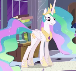 Size: 1157x1080 | Tagged: safe, derpibooru import, screencap, princess celestia, g4, princess twilight sparkle (episode), book, concave belly, cropped, crown, ethereal mane, ethereal tail, folded wings, hoof shoes, horn, image, jewelry, jpeg, long horn, long mane, long tail, peytral, princess shoes, regalia, slender, solo, tail, tall, thin, wings