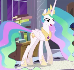 Size: 1150x1080 | Tagged: safe, derpibooru import, screencap, princess celestia, g4, princess twilight sparkle (episode), book, concave belly, cropped, crown, ethereal mane, ethereal tail, folded wings, hoof shoes, horn, image, jewelry, jpeg, long horn, long mane, long tail, peytral, princess shoes, regalia, slender, solo, tail, tall, thin, wings