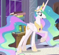 Size: 1155x1080 | Tagged: safe, derpibooru import, screencap, princess celestia, g4, princess twilight sparkle (episode), book, concave belly, cropped, crown, ethereal mane, ethereal tail, folded wings, hoof shoes, horn, image, jewelry, jpeg, long horn, long mane, long tail, peytral, princess shoes, regalia, slender, solo, tail, tall, thin, wings