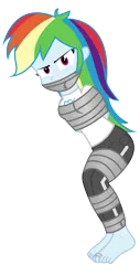 Size: 2300x4528 | Tagged: safe, artist:cardshark777, derpibooru import, rainbow dash, equestria girls, g4, angry, arm behind back, barefoot, bondage, bound and gagged, clothes, dashsub, digital art, feet, femsub, gag, helpless, image, looking at you, pants, png, rainbow dash is not amused, shirt, simple background, solo, submissive, tape, tape bondage, tape gag, tied up, toe tied, toes, transparent background, unamused, white shirt