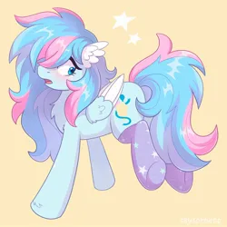 Size: 2000x2000 | Tagged: safe, artist:skysorbett, derpibooru import, oc, unofficial characters only, pegasus, pony, blushing, butt, chest fluff, clothes, ear fluff, female, folded wings, freckles, high res, image, jpeg, looking back, mare, pegasus oc, plot, signature, simple background, socks, solo, stars, tail, wings, yellow background