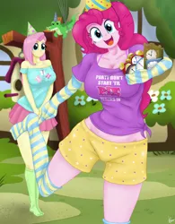 Size: 1280x1639 | Tagged: safe, artist:lennondash, derpibooru import, fluttershy, gummy, pinkie pie, alligator, equestria girls, g4, happy birthday to you!, alarm clock, bare shoulders, breasts, busty fluttershy, busty pinkie pie, cleavage, clock, clothes, equestria girls interpretation, female, fluttershy's cottage, hat, image, jpeg, looking at you, midriff, miniskirt, missing shoes, open mouth, open smile, party hat, pointing, scene interpretation, shirt, shorts, skirt, smiling, socks, standing, standing on one leg, stocking feet, stockings, striped socks, t-shirt, thigh highs