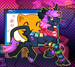 Size: 2173x1961 | Tagged: safe, artist:nevgig, derpibooru import, oc, oc:gameboy, unofficial characters only, pony, unicorn, artfight, bandana, black coat, chest fluff, coat markings, colored ears, colored hooves, colored mouth, colored sclera, curved horn, ear fluff, eyelashes, fangs, freckles, hooves, horn, image, jpeg, leonine tail, long mane, long mane male, looking back, male, multicolored eyes, multicolored hooves, multicolored mane, neckerchief, open mouth, open smile, patterned background, profile, shiny horn, signature, smiling, solo, stallion, striped, stripes, tail, tail fluff, thin, two toned tail, unicorn horn, unicorn oc, unshorn fetlocks, walking, wingding eyes, yellow sclera, zoom layer