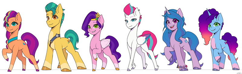 Size: 5579x1714 | Tagged: safe, artist:xiaowu07, derpibooru import, hitch trailblazer, izzy moonbow, pipp, pipp petals, sunny starscout, zipp storm, earth pony, pegasus, pony, unicorn, g5, my little pony: tell your tale, applejack (g5), coat markings, diverse body types, ear piercing, eyebrows, female, fluttershy (g5), folded wings, height difference, hitch is tall, hooves, horn, image, izzy is tol, looking at you, male, mane five, mane six (g5), mane stripe sunny, mare, misty brightdawn, open mouth, pale belly, physique difference, piercing, pinkie pie (g5), pipp is short, png, rainbow dash (g5), raised hoof, rarity (g5), rebirth misty, simple background, skinny pipp, slender, smiling, socks (coat marking), stallion, sunny is tall, thin, twilight sparkle (g5), white background, wings, zipp is tall