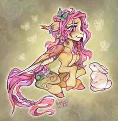 Size: 1491x1521 | Tagged: safe, artist:nevgig, derpibooru import, angel bunny, fluttershy, butterfly, insect, pegasus, pony, rabbit, g4, abstract background, alternate color palette, alternate eye color, alternate hairstyle, alternate tailstyle, animal, blaze (coat marking), braid, braided tail, coat markings, colored belly, colored hooves, colored pinnae, colored wings, colored wingtips, duo, duo male and female, ear piercing, earring, eye clipping through hair, eyebrow piercing, eyebrow slit, eyebrows, eyelashes, facial markings, female, floppy ears, glow, hair accessory, hairclip, image, jewelry, jpeg, looking at someone, male, mare, mealy mouth (coat marking), multicolored wings, outline, pale belly, partially open wings, piercing, pink eyes, profile, raised hoof, safety pin, shiny hooves, signature, sitting, smiling, tail, wings, yellow coat