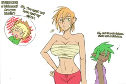 Size: 1280x852 | Tagged: safe, artist:artiedrawings, derpibooru import, applejack, big macintosh, spike, human, ask a bishonen pony, g4, applejack (male), ask, barb, big breasts, breast binding, breasts, busty big macintosh, busty boy, busty macareina, dialogue, female, humanized, image, intersex, jpeg, macareina, male, rule 63, simple background, tumblr, white background