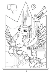 Size: 1285x1820 | Tagged: safe, derpibooru import, official, alicorn, pony, g5, my little pony: make your mark, 2d, coloring book, egmont, flying, image, jpeg, looking at you, merchandise, norwegian, opaline arcana, opaline's dark castle, smiling, smiling at you, thumbs down