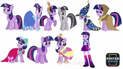 Size: 1280x720 | Tagged: safe, derpibooru import, clover the clever, twilight sparkle, twilight sparkle (alicorn), alicorn, human, pony, unicorn, equestria girls, g4, big crown thingy, bridesmaid dress, clothes, cosplay, costume, discorded twilight, dress, element of magic, female, gala dress, image, jewelry, jpeg, mare, nightmare night costume, regalia, simple background, star swirl the bearded costume, twilight the bearded, unicorn twilight, white background