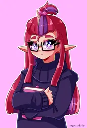 Size: 2784x4071 | Tagged: safe, artist:mylittleyuri, derpibooru import, moondancer, human, g4, blushing, book, clothes, cute, dancerbetes, elf ears, female, heart, heart eyes, horn, horned humanization, humanized, image, pink background, png, simple background, solo, sweater, unicorns as elves, wingding eyes