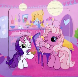 Size: 651x642 | Tagged: safe, derpibooru import, pinkie pie (g3), sweetie belle (g3), pony, g3, book, chibi, cotton candy, cupcake, eating, food, g3.5, image, jpeg, kitchen, looking at you, puzzle, scan, smiling, smiling at you, standing