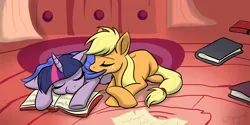 Size: 1500x750 | Tagged: safe, artist:calicopikachu, derpibooru import, applejack, twilight sparkle, g4, book, eyes closed, female, image, lesbian, mouth hold, png, ship:twijack, shipping, sleeping