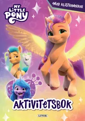 Size: 1286x1820 | Tagged: safe, derpibooru import, cloudpuff, hitch trailblazer, izzy moonbow, sunny starscout, alicorn, dog, earth pony, pony, unicorn, g5, my little pony: a new generation, my little pony: make your mark, activity book, cgi, coloring book, cover, egmont, female, flying, horn, image, jpeg, looking at you, mare, norwegian, open mouth, open smile, race swap, smiling, smiling at you, sunnycorn