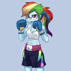 Size: 3000x3000 | Tagged: safe, artist:hexecat, derpibooru import, rainbow dash, human, equestria girls, g4, abs, belly, belly button, biceps, blue background, boxer, boxing, boxing gloves, clothes, female, fit, image, midriff, mouth guard, muscles, png, ponytail, raised arms, raised fist, shorts, simple background, slender, solo, sports, sports bra, sports panties, standing, sweat, tanktop, thin