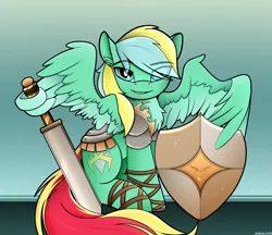 Size: 2313x2000 | Tagged: safe, artist:andaluce, derpibooru import, oc, oc:typh, unofficial characters only, pegasus, pony, armor, colored wings, countershading, eye clipping through hair, eyebrows, eyebrows visible through hair, guard, image, lidded eyes, looking at you, male, png, roman, shield, solo, spread wings, stallion, sword, two toned wings, weapon, wing hands, wing hold, wings