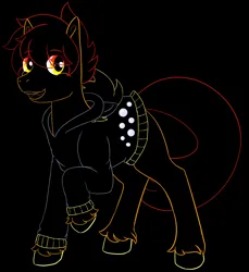 Size: 1650x1800 | Tagged: safe, artist:squeezymouse, derpibooru import, derpy hooves, oc, oc:ciaran, unofficial characters only, pony, black background, clothes, derpibooru exclusive, female, hoodie, hooves, image, lineart, mare, png, raised hoof, simple background, solo, tail, unshorn fetlocks