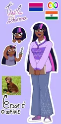 Size: 540x1096 | Tagged: safe, alternate version, artist:sprong-lhama, derpibooru import, spike, spike the regular dog, twilight sparkle, dog, human, equestria girls, g4, alternate character, autism, bisexual pride flag, clothes, converse, dark skin, female, glasses, humanized, image, implied spike, india, indian, jpeg, lipstick, makeup, pants, portuguese, pride, pride flag, purple background, scissors, shirt, shoes, simple background, solo, sweater, tanktop