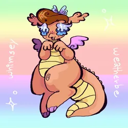 Size: 1440x1440 | Tagged: safe, artist:larvaecandy, derpibooru import, whimsey weatherbe, dragon, g3, beanbrows, blush scribble, blushing, bow, brown hair, colored belly, colored claws, colored eyebrows, colored wings, eyebrows, female, flying, g3.5, gradient background, hair bow, image, jpeg, pale belly, raised arms, short hair, small wings, solo, sparkles, spikes, spread wings, text, whimseydorable, white text, wings