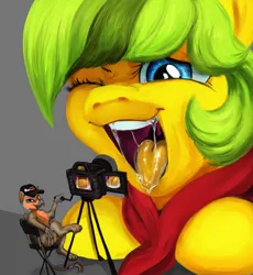 Size: 5508x6000 | Tagged: suggestive, artist:misstwipietwins, derpibooru import, oc, oc:lemon drop, oc:thumbtack, unofficial characters only, gryphon, pony, baseball cap, camera, cap, chair, clothes, commission, crossed legs, director's chair, drool, drool string, griffon oc, hat, hooves on the table, image, imminent vore, mawshot, one eye closed, open mouth, png, pornhub, red scarf, scarf, size difference, solo, teeth, throat, tongue out, uvula, wink