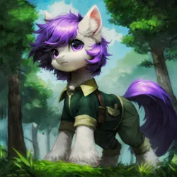 Size: 4238x4238 | Tagged: source needed, safe, ai content, derpibooru import, machine learning generated, prompter:tempestdk, stable diffusion, oc, oc:puff smarts, unofficial characters only, pony, clothes, ear fluff, forest, forest background, generator:pony diffusion v6 xl, image, jpeg, looking at you, male, nature, outdoors, scout, scout uniform, solo, standing, tree, young