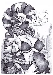 Size: 800x1122 | Tagged: suggestive, artist:code-shark, derpibooru import, oc, oc:lars, anthro, zebra, bikini, breasts, cigarette, clothes, female, image, jpeg, monochrome, smoking, solo, solo female, swimsuit