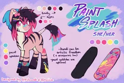 Size: 3000x2000 | Tagged: safe, artist:cuiicie, derpibooru import, oc, oc:paint splash, unofficial characters only, zebra, bandaid, bandaid on nose, beanie, countershading, female, hairclip, hat, image, jpeg, kandi, paint, reference sheet, skateboard