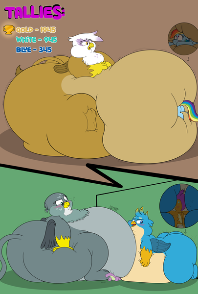 Size: 3000x4442 | Tagged: suggestive, alternate version, artist:rupert, derpibooru import, gabby, gallus, gilda, rainbow dash, smolder, spike, dragon, gryphon, pegasus, pony, series:catbird 3's colossal squish program, g4, "flab"y, belly, belly squish, big belly, blushing, burp, butt, butt smothering, butt squish, butt touch, comic, donut, dragonbutt, exclamation point, eyes closed, fat, fat fetish, feeding, female, fetish, flabbus, food, full body hotdogging, gabbooty, gildough, hand on butt, happy, heart, hose, huge belly, huge butt, image, incentive drive, large butt, looking back, looking up, lying down, male, milestone, missing cutie mark, morbidly obese, navel play, obese, offscreen character, onomatopoeia, pale belly, plot, png, prone, puffy cheeks, question mark, rolls of fat, running, shrunken pupils, smiling, sweat, sweatdrop, weight gain, weight gain sequence