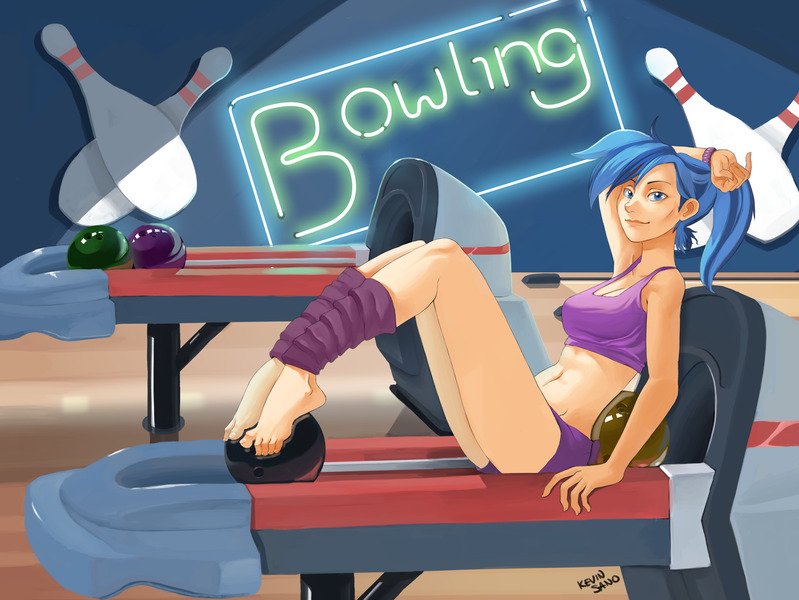 Size: 3375x2535 | Tagged: safe, artist:kevinsano, derpibooru import, allie way, human, art pack:my little sweetheart, g4, barefoot, blue hair, bowling alley, bowling ball, bowling pin, clothes, feet, female, humanized, image, jpeg, leg warmers, neon, neon sign, pinup, ponytail, signature, solo, tanktop