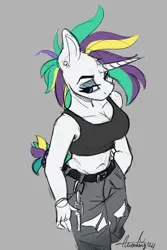 Size: 1567x2351 | Tagged: safe, artist:aurorafang, derpibooru import, rarity, anthro, unicorn, g4, alternate hairstyle, breasts, busty rarity, cleavage, clothes, ear piercing, female, gray background, horn, image, jpeg, midriff, pants, piercing, punk, raripunk, ripped pants, short shirt, simple background, solo, torn clothes