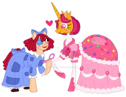 Size: 1013x788 | Tagged: safe, artist:moondeer1616, derpibooru import, ponified, candy pony, doll pony, earth pony, food pony, hagwarders, object pony, original species, pony, unicorn, spoiler:the amazing digital circus, blushing, bow, button eyes, candy, candy carrier chaos!, clothes, concave belly, crown, deviantart watermark, doll, dollylolly, dress, duo, duo female, female, food, hair bow, heart, holding, horn, image, interspecies, jewelry, key, lesbian, living doll, lollipop, looking at each other, looking at someone, mare, mismatched eyes, non-mlp shipping, obtrusive watermark, patch, png, princess, princess loolilalu, ragatha, ragdoll, raised hoof, regalia, shipping, simple background, smiling, smiling at each other, spoilers for another series, sprinkles, stitches, tail, tail bow, the amazing digital circus, thin, toy, transparent background, watermark, wavy mouth