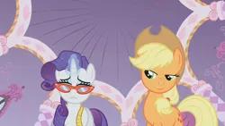 Size: 1280x720 | Tagged: safe, derpibooru import, edit, edited screencap, editor:twilyisbestpone, screencap, applejack, rarity, earth pony, pony, unicorn, g4, season 1, suited for success, amused, applejack is amused, carousel boutique, duo, duo female, female, glasses, horn, image, inverted mouth, lidded eyes, magic, mare, measuring tape, png, rarity's glasses, smiling