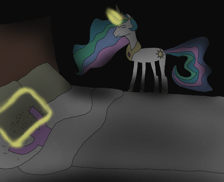 Size: 1192x970 | Tagged: grimdark, artist:anythingpony, derpibooru import, princess celestia, twilight sparkle, pony, g4, asphyxiation, bed, black background, image, murder, pillow, png, simple background, smothering, suffocating