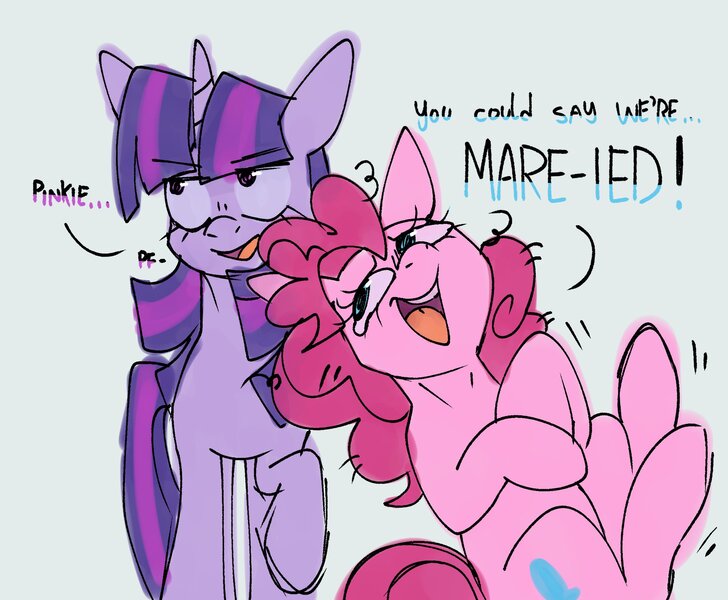 Size: 2048x1689 | Tagged: safe, artist:sunlighten_, derpibooru import, pinkie pie, twilight sparkle, earth pony, pony, unicorn, g4, dialogue, duo, duo female, emanata, eyebrows, eyebrows visible through hair, female, horn, image, jpeg, lesbian, mare, open mouth, pun, shipping, swirly eyes, twinkie, unicorn twilight, wingding eyes, wordplay