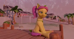 Size: 4096x2160 | Tagged: safe, artist:raindashesp, derpibooru import, hitch trailblazer, posey (g5), zipp storm, earth pony, pegasus, pony, g5, 3d, female, image, implied sex, looking at something, male, mare, maretime bay, palm tree, pier, png, ship:stormblazer, shipping, sitting, solo focus, straight, tree