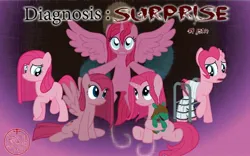 Size: 1080x674 | Tagged: safe, derpibooru import, pinkie pie, alicorn, earth pony, pegasus, pony, unicorn, comic:diagnosis : surprise, g4, alicornified, alternate hairstyle, bandage, bandaged leg, female, horn, image, jpeg, mare, multeity, pegasus pinkie pie, pinkamena diane pie, pinkiecorn, plushie, race swap, raised hoof, sitting, spread wings, standing, torn ear, unicorn pinkie pie, wings, worried, xk-class end-of-the-world scenario