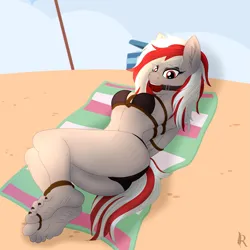 Size: 3001x3000 | Tagged: suggestive, artist:digiqrow, derpibooru import, ponerpics import, ponybooru import, oc, oc:skyshard melody, unofficial characters only, anthro, pegasus, plantigrade anthro, ass, ballgag, bdsm, beach, belly, bondage, bound, bound and gagged, bound wings, bra, breasts, butt, clothes, commission, feet, fetish, foot fetish, foot focus, gag, image, lying down, outdoors, panties, png, red eyes, red hair, rope, rope bondage, ropes, sand, solo, tied up, toe tied, toes, towel, underwear, white fur, white hair, wings, ych result