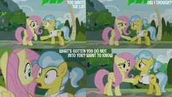 Size: 2000x1125 | Tagged: safe, derpibooru import, edit, edited screencap, editor:quoterific, screencap, angel bunny, doctor fauna, fluttershy, earth pony, pegasus, pony, g4, she talks to angel, body swap, comic, duo, duo female, female, image, palm tree, png, screencap comic, sweet feather sanctuary, tree