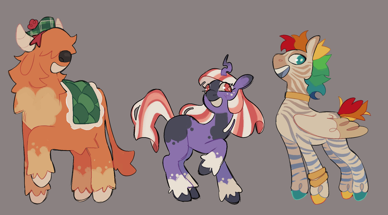 Size: 2000x1110 | Tagged: safe, artist:cadaverkeys, derpibooru import, applejack, rainbow dash, twilight sparkle, pony, unicorn, yak, zebra, zebrasus, g4, blanket, coat markings, curved horn, female, gray background, hat, hidden eyes, horn, image, mare, neck rings, png, redesign, simple background, species swap, trio, trio female, unicorn twilight, unshorn fetlocks, yakified, zebrafied