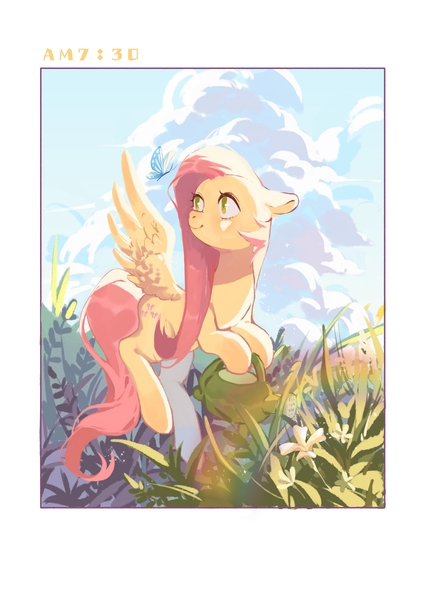 Size: 2000x2828 | Tagged: safe, artist:xieyanbbb, derpibooru import, fluttershy, butterfly, insect, pegasus, pony, g4, cloud, cloudy, cottagecore, female, flying, grass, image, jpeg, mare, morning, sky, solo, spread wings, time, timestamp, watering can, wings, wrong eye color