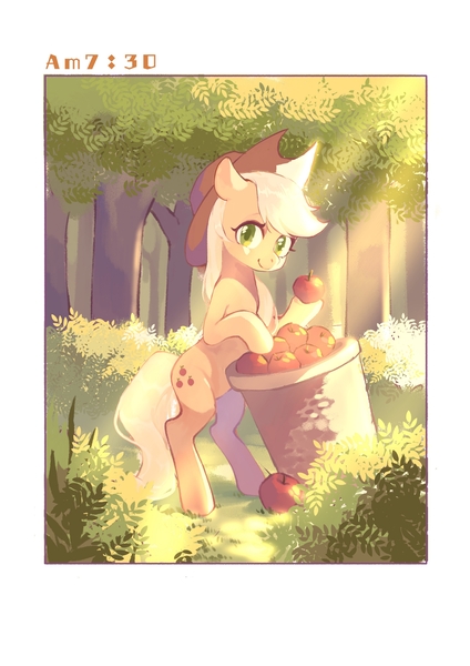 Size: 2000x2828 | Tagged: safe, artist:xieyanbbb, derpibooru import, applejack, earth pony, pony, g4, apple, apple basket, apple orchard, basket, bush, cottagecore, cowboy hat, crepuscular rays, female, food, forest, grass, hat, hoof hold, image, jpeg, mare, morning, nature, orchard, solo, standing, stetson, time, timestamp, tree