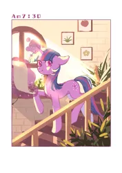 Size: 2000x2828 | Tagged: safe, artist:xieyanbbb, derpibooru import, twilight sparkle, pony, unicorn, g4, crepuscular rays, female, floppy ears, horn, image, jpeg, magic, mare, parchment, picture frame, plant, raised hoof, scroll, smiling, solo, stairs, text, unicorn twilight, window