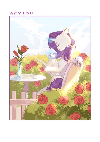 Size: 2000x2828 | Tagged: safe, artist:xieyanbbb, derpibooru import, rarity, pony, unicorn, g4, beautiful, bush, chair, cottagecore, cup, eyes closed, female, flower, garden, horn, image, jpeg, levitation, magic, magic aura, mare, morning, newspaper, reading, rose, sitting, solo, table, telekinesis, time, timestamp, vase